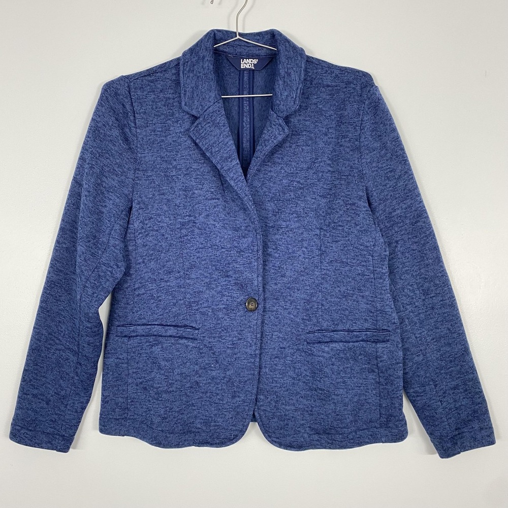Lands End Blazer Jacket Womens Med 10-12 Blue Knit Single Button‎ Pockets Casual